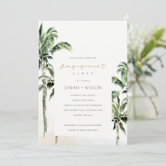Chic Tropical Beach Palm Trees Verloving nodigt ui Bedankkaart (Staand voorkant)