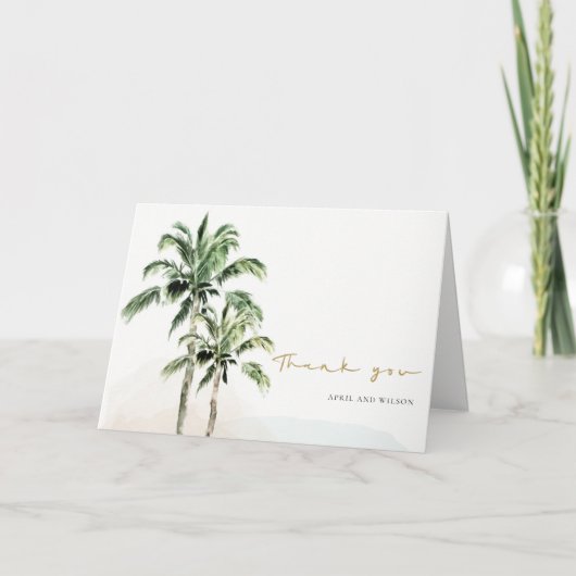 Chic Tropical Beach Palm Trees Waterverf Wedding Bedankkaart (Voorkant)