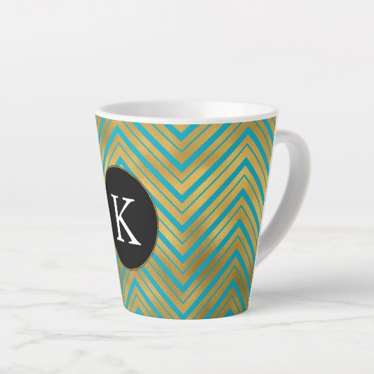 Chic Turquoise Aqua Blue Gold Chevron Monogram Latte Mok (Rechterhoek)