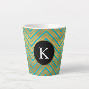 Chic Turquoise Aqua Blue Gold Chevron Monogram Latte Mok