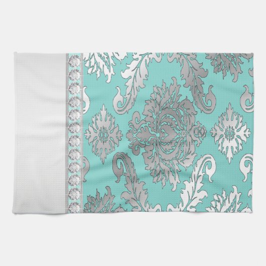 Chic Turquoise Blue Damask Serviettes de cuisine (Horizontal)