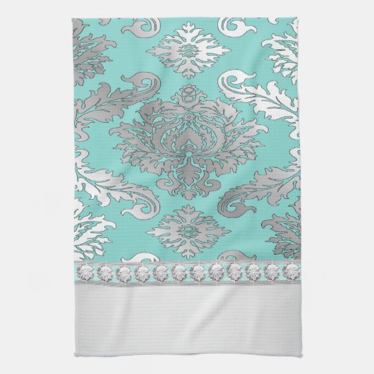 Chic Turquoise Blue Damask Serviettes de cuisine (Vertical)