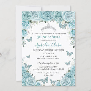 Chic Turquoise Blue Floral Butterflies Quinceañera Kaart