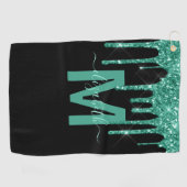Chic Turquoise Driving Glitter Monogram Naam Golfhanddoek (Horizontaal)