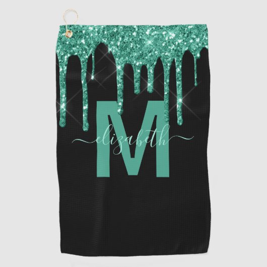Chic Turquoise Driving Glitter Monogram Naam Golfhanddoek (Voorkant)