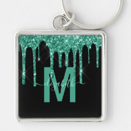 Chic Turquoise Driving Glitter Monogram Naam Sleutelhanger