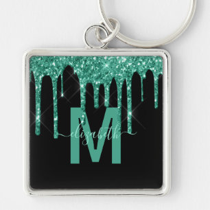Chic Turquoise Driving Glitter Monogram Naam Sleutelhanger