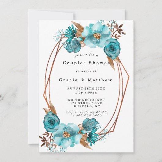 Chic Turquoise Gold Frame Couples Invitations de d (Devant)