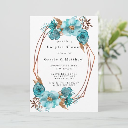 Chic Turquoise Gold Frame Couples Invitations de d (Debout devant)