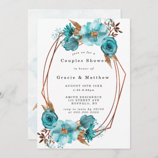Chic Turquoise Gold Frame Couples Invitations de d (Devant / Derrière)