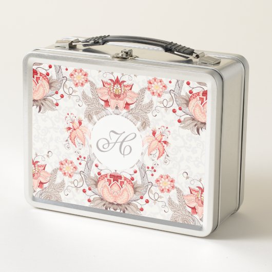 Chic Vintage Floral Damask Monogram Lunchbox (Devant)