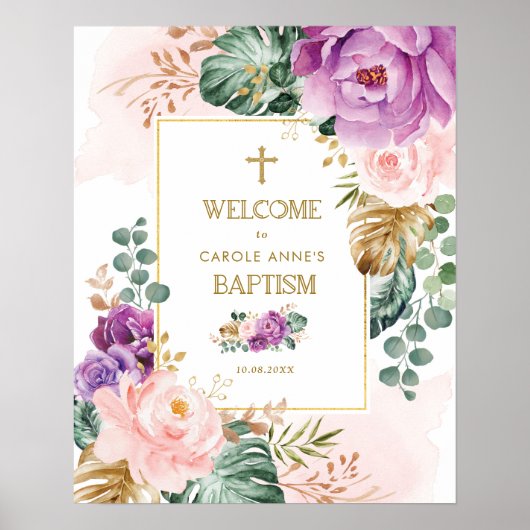Chic Violet Blush Tropische Floral Greenery Baptis Poster (Voorkant)