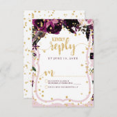 Chic violet Floral & Or Mariage Réponse RSVP (Devant / Derrière)
