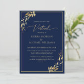 Chic Virtual Navy Blue & Golden Foliage Wedding Kaart (Staand voorkant)