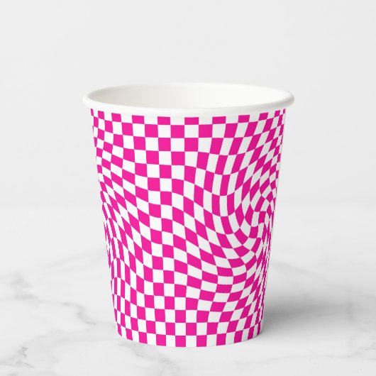 Chic Warped Checkered Pattern Magenta Roze & Wit Papieren Bekers (Achterkant)