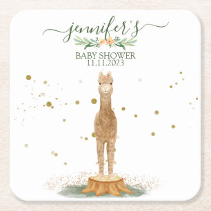 Chic Watercolor Alpaca Baby Shower Vierkante Kartonnen Onderzetter