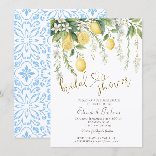 Chic Watercolor Blooming Lemons Bridal Shower  Kaart (Voorkant / Achterkant)