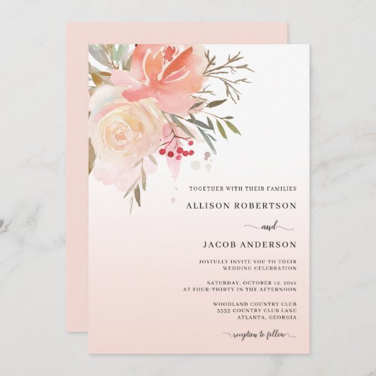 Chic Waterverf Blush Pink Peach Flower Weddenschap Kaart (Voorkant / Achterkant)