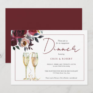 Chic Waterverf Burgundy Floral Verloving Dinner Kaart