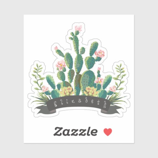 Chic Waterverf Cactus Planter Persoonlijke naam Sticker (Vel)