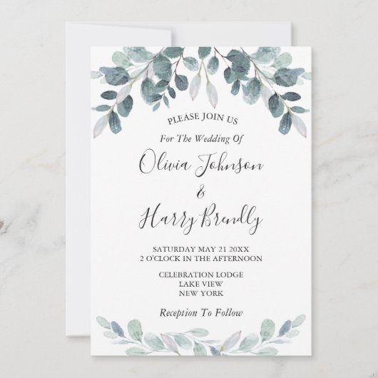 Chic Waterverf Eucalyptus Bloom Wedding Kaart (Voorkant)