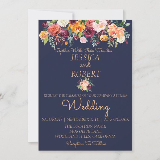 Chic Waterverf Floral Blue Wedding Invitation Kaart (Voorkant)