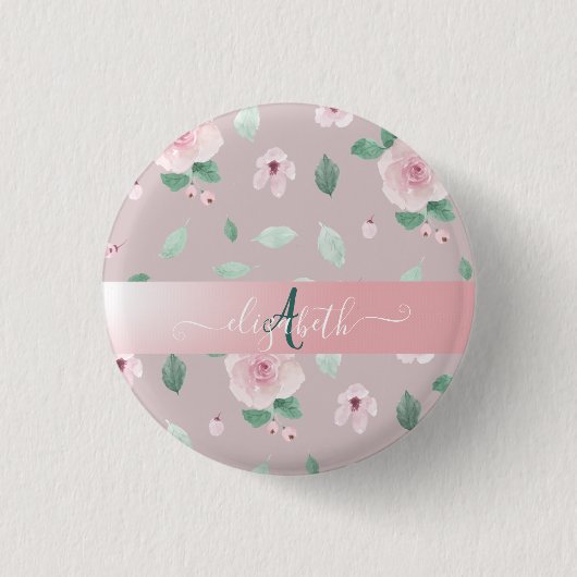 Chic Waterverf Flowers Monogram Ronde Button 3,2 Cm (Voorkant)