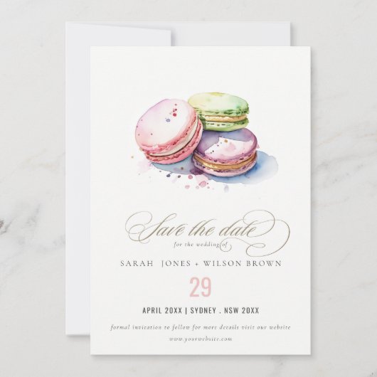 Chic Waterverf Franse Macarons Bakkerij bruiloft Save The Date (Voorkant)