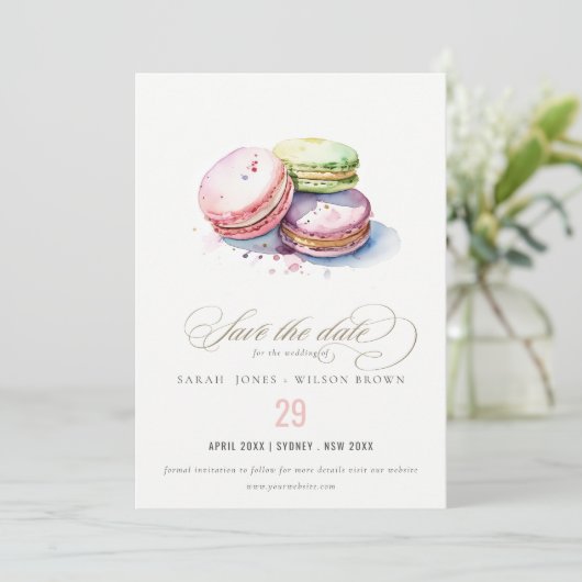 Chic Waterverf Franse Macarons Bakkerij bruiloft Save The Date (Staand voorkant)