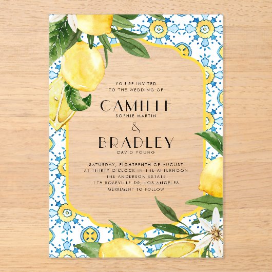 Chic Waterverf Lemon Mediterranean Summer Wedding Acryl Uitnodigingen (Voorkant)