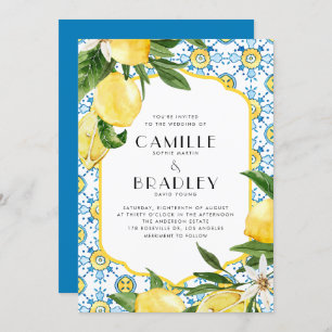 Chic Waterverf Lemon Mediterranean Summer Wedding Kaart