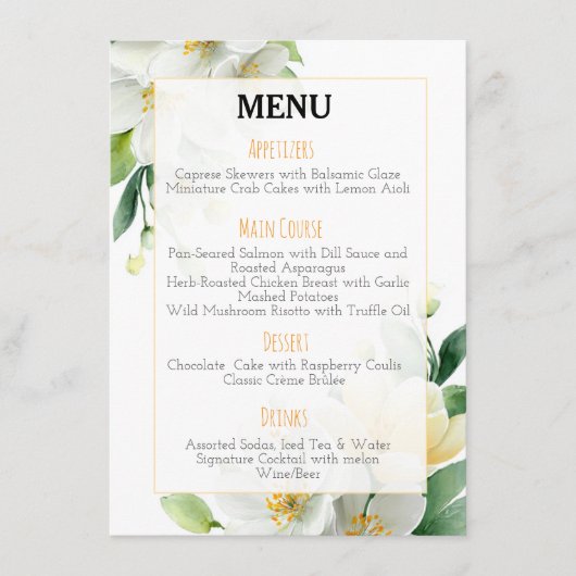 Chic Waterverf Magnolia & Jasmine Wedding Menu (Voorkant)