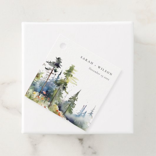 Chic Waterverf Pine Forest Landscape Wedding Bedankjes Labels (In situ)