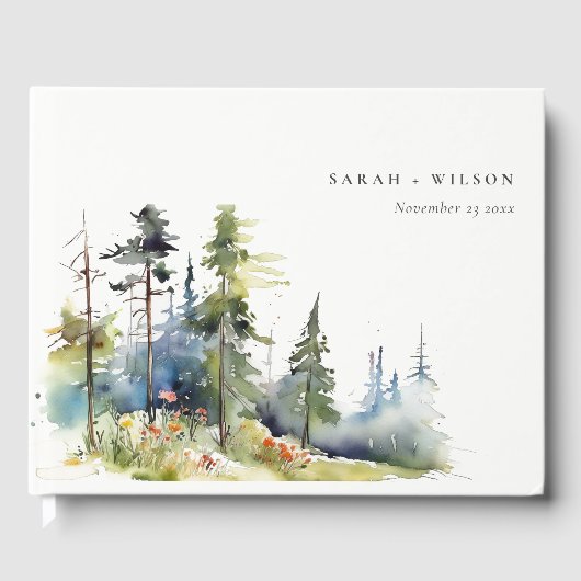 Chic Waterverf Pine Forest Landscape Wedding Gastenboek (Voorkant)
