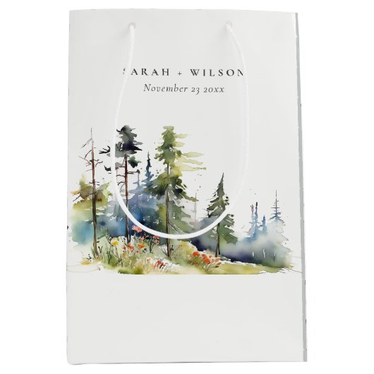 Chic Waterverf Pine Forest Landscape Wedding Medium Cadeauzakje (Voorkant)