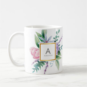 Chic Waterverf Pink Paarse Peony Flowers Monogram Koffiemok