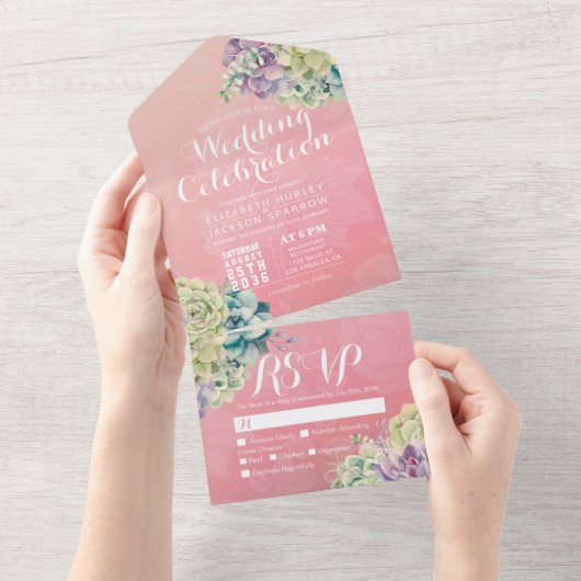 Chic Waterverf Succulent Pink Flower Wedding RSVP All In One Uitnodiging (Afscheurbaar)