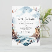 Chic Waterverf Waves Vuurtoren bruiloft Save The Date (Staand voorkant)