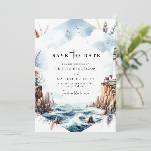 Chic Waterverf Waves Vuurtoren bruiloft Save The Date (Staand voorkant)