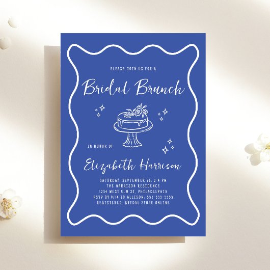 Chic Wavy Frame French Blue Bridal Brunch Shower Kaart
