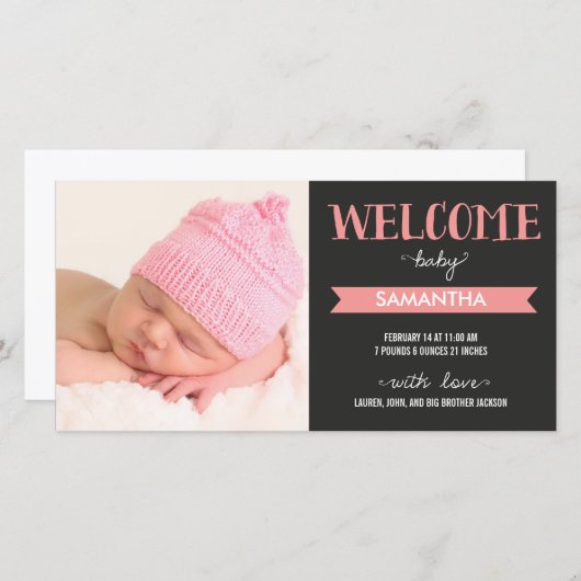 Chic Welkom Baby Meisje Geboorteaankondiging Aankondiging (Voorkant / Achterkant)