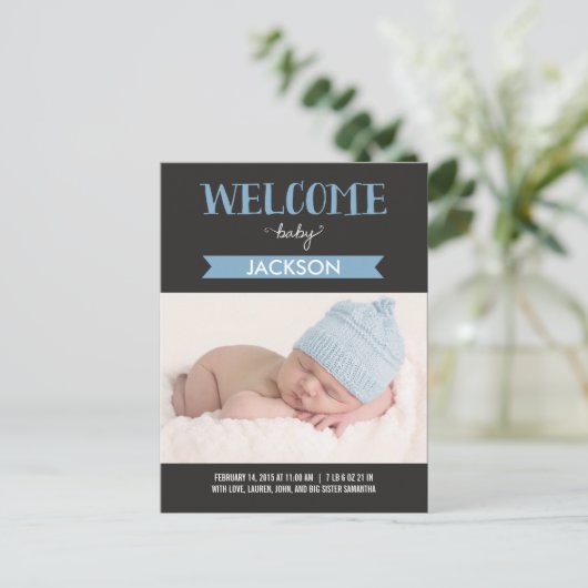 Chic Welkom Geboorteaankondiging - Blauw Aankondigingskaart (Staand voorkant)