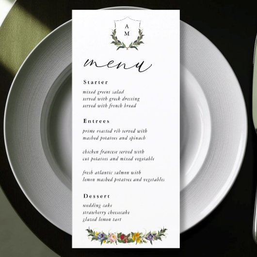 Chic Whimsical  Bloemen monogram bruiloft Menu