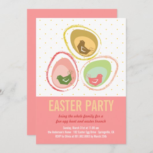 Chic Whimsical Chicken Easter Hunt Party Invite Kaart (Voorkant / Achterkant)