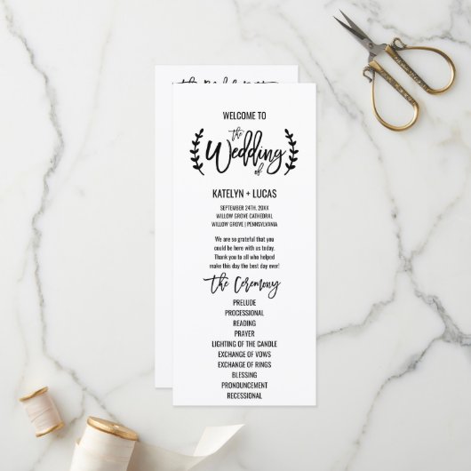 Chic White Black Olive Branches Wedding Programme Programma (Voorkant / Achterkant in situ)