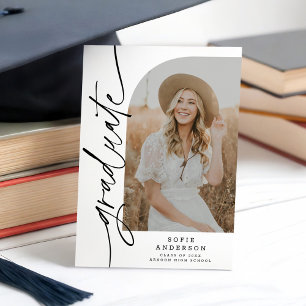 Chic White & Black Script Arch Afstuderen Foto Aankondiging