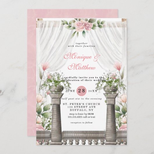 Chic White Canopy Pink Florals Wedding Kaart (Voorkant / Achterkant)