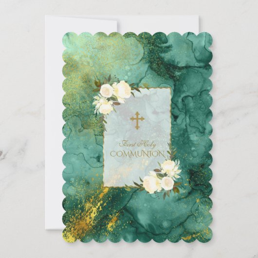 Chic White Cream Flowers Gold First Heilige Commun Kaart (Achterkant)