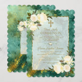 Chic White Cream Flowers Gold First Heilige Commun Kaart (Voorkant / Achterkant)