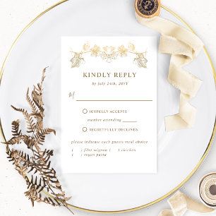 Chic White en Gold Gilded Leaves, RSVP met maaltij Kaartje